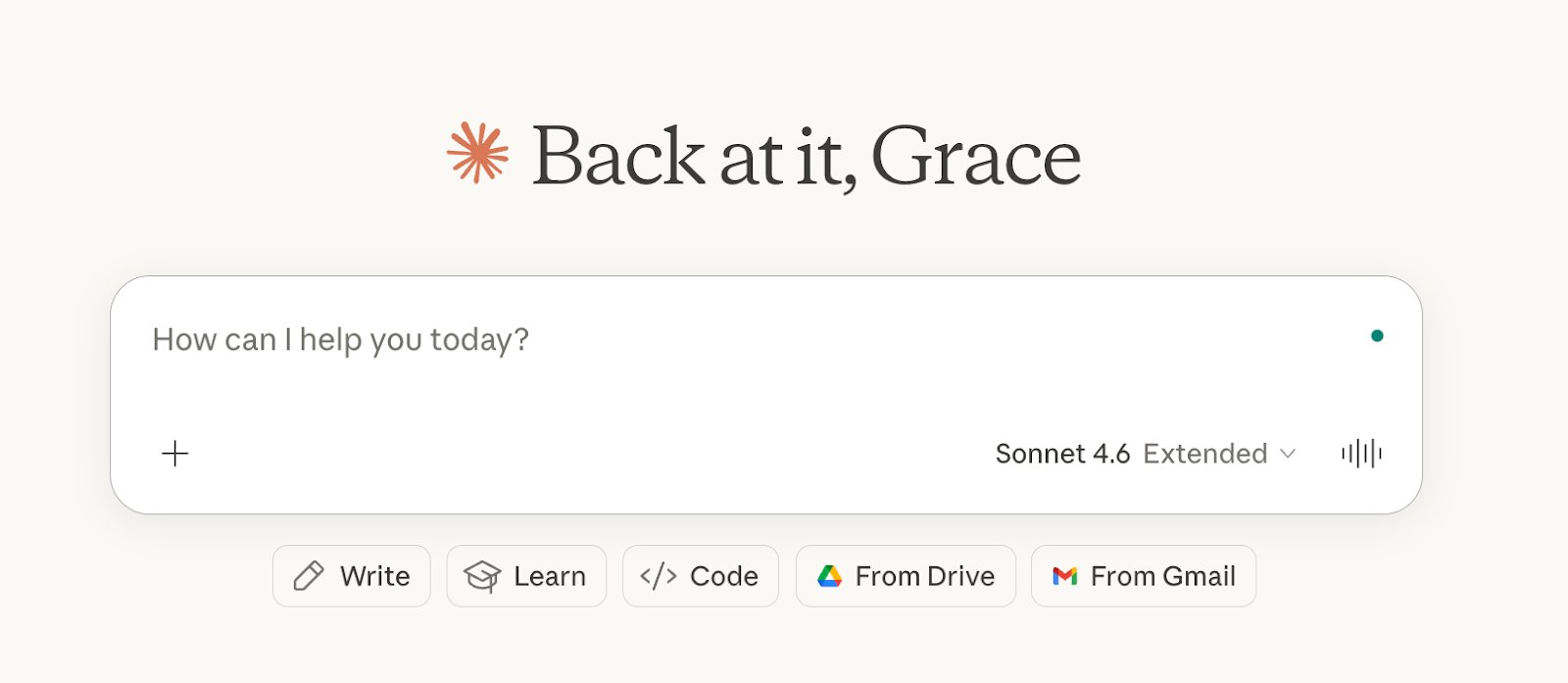 The Claude interface showing 'Back at it, Grace' and a prompt field asking 'How can I help you today?'