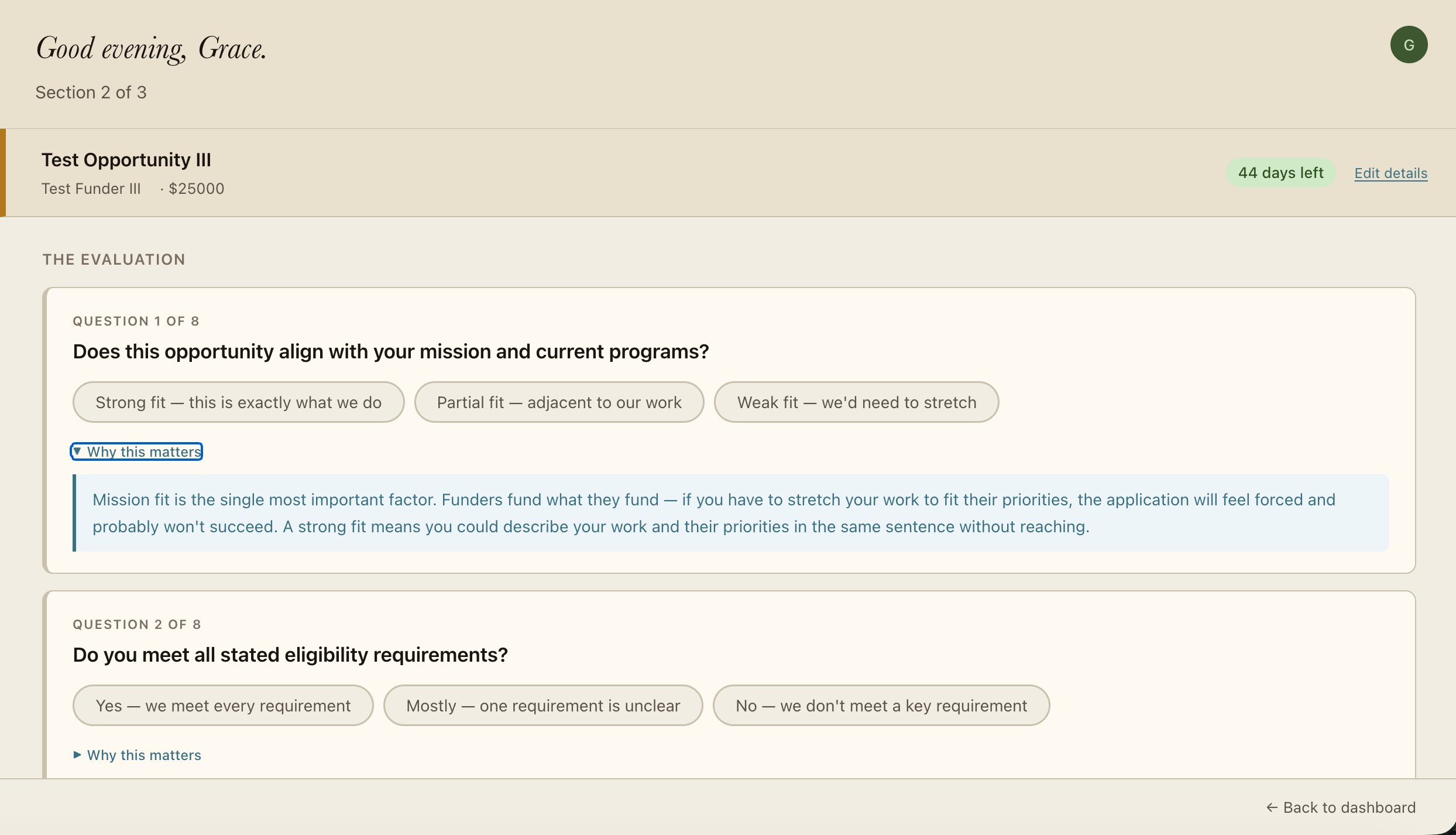 The Groundwork evaluator, showing the first two of eight questions about mission fit and eligibility requirements, with plain-language answer options and expandable explanations.